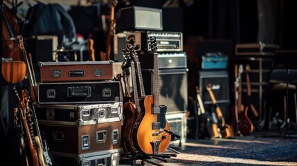 Vintage guitars and amplifiers in a music studio.