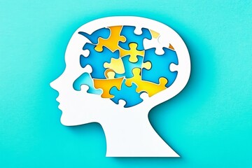 Side Profile Jigsaw Mind, Blue and Yellow Puzzle Pieces, Teal Background, Mental Health Concept. Jigsaw Puzzle,Mind,Mental Health