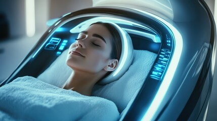 Serene Woman Enjoying Futuristic Spa Treatment in High-Tech Pod