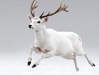 A white deer running in the snow with large antlers