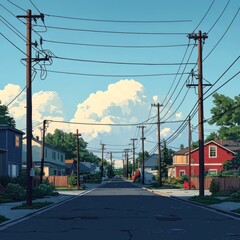 A serene suburban street scene with power lines and colorful houses under a blue sky.
