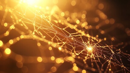Golden Web of Light: A mesmerizing macro photo of a spider web bathed in golden light, capturing intricate details and a sense of delicate beauty. The bokeh effect adds a dreamy quality.