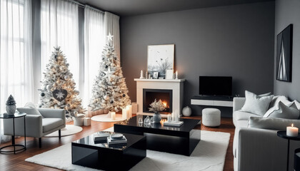 Fototapeta premium Contemporary living room featuring a white Christmas tree, stylish furniture, and minimalistic holiday decor