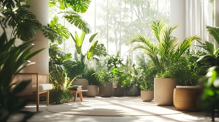 Obraz premium Sunlit interior space with lush tropical plants in large pots, a beige rug, and wooden furniture.