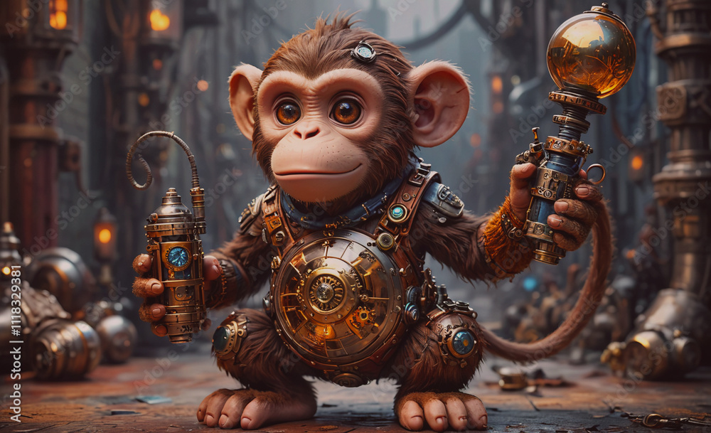 Poster A monkey is holding a spray can and wearing a suit. The monkey is in a room with a lot of machinery and objects