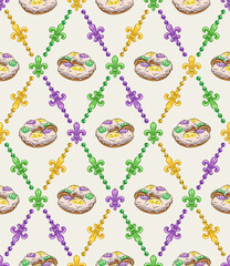Geometric pattern with colorful fleur de lis symbol, king cake in center of grid cells. Diagonal rhombus grid. Decoration for Mardi Gras carnival. Vintage style illustration © OA_Creation