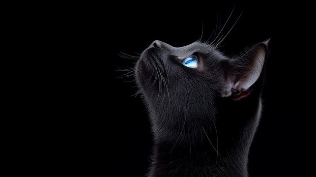 Black Cat Gazing Up:  A captivating close-up of a black cat with piercing blue eyes, gazing upwards in the darkness. Its sleek fur and intense stare create a mysterious and alluring image.