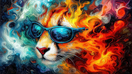  A cat wears sunglasses in a vibrant painting