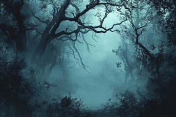 Mysterious Foggy Forest Path with Tall Trees