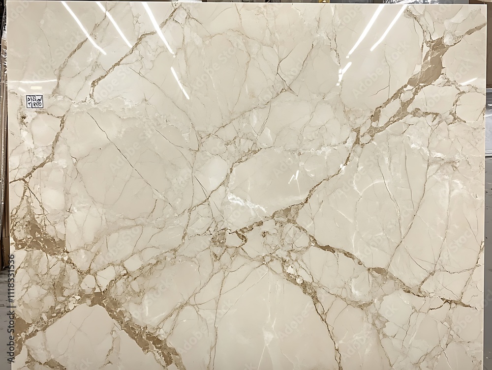 Poster close-up of a large beige marble slab with intricate brown veining.