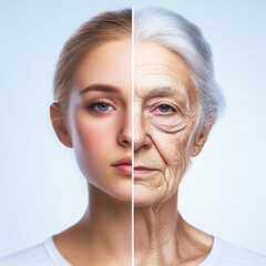 Female aging duality, youth and elder side-by-side.