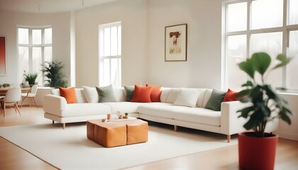 Fototapeta premium Scandinavian minimalist living room with some large windows and potted plants. AI generated