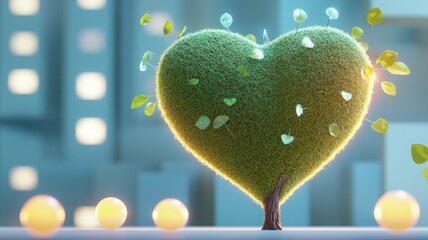 A heart-shaped tree surrounded by glowing orbs and soft lights.
