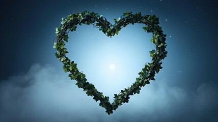 Naklejka premium Heart-shaped ivy frame against a dreamy night sky.