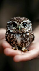 Fototapeta premium Small Owl Perched Gently In A Human Hand