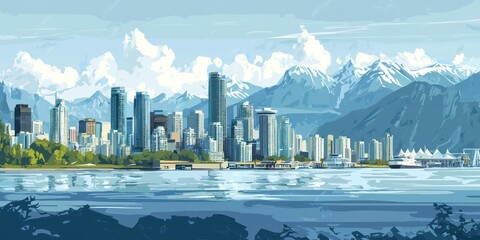 Naklejka premium A clear day shot of Vancouver, capturing skyscrapers against the backdrop of coastal mountains.