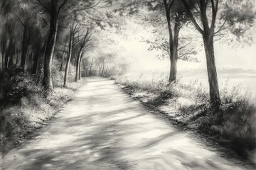 Obraz premium Charcoal drawing of a path through trees leading to a bright clearing in nature