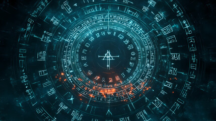 Abstract rune and arcane magic occult symbol background. mystical mythical typography. north/norse viking runes as binary code. web and network matrix, big data. Runes. Illustration