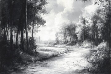 Black and white image of a dirt road winding through a tranquil forest