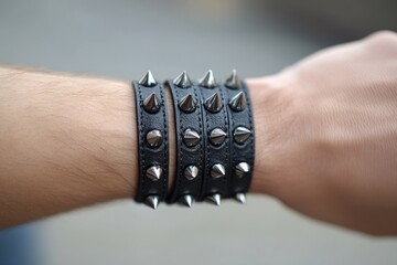 Close-up of a man's wrist wearing three black leather bracelets decorated with metal spikes, showcasing a punk or rock style