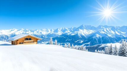 Fototapeta premium Snow-covered cabin nestled in a serene winter forest landscape,