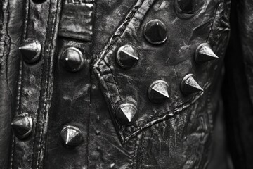 Close-up of a black leather jacket featuring metal spikes, representing punk rock fashion and rebellious style