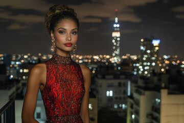 Fashion model wearing elegant red evening gown posing on rooftop with illuminated cityscape in background