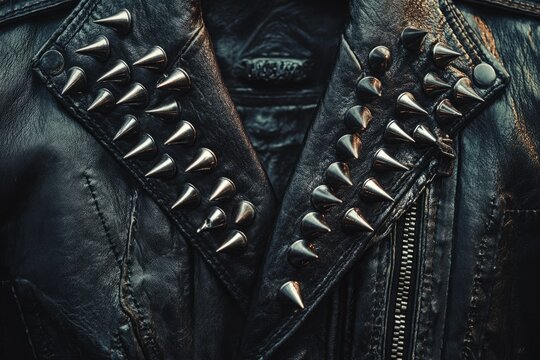 Close-up of a black leather jacket with metal spikes, showcasing punk rock fashion and rebellious style