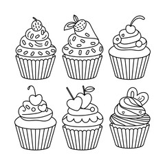 A Set Of Cute Sweet Cupcake With Cream With Coloring Page. Black And White Illustration For Kids Coloring Book.
