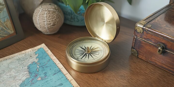 A brass nautical compass resting on a vintage map of the seas, with ocean-inspired decor nearby.