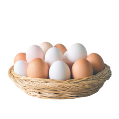 Fresh eggs in a woven basket arrangement. transparent background