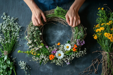 Florist's hands making a decorative wreath with colorful wildflowers on a dark background