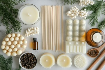 Natural soy wax flakes, essential oils, wicks, dried flowers, wooden sticks, and other candle making supplies creating a cozy atmosphere