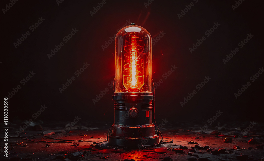 Poster a red light bulb is lit up in a dark room. the light bulb is surrounded by rubble and debris, giving