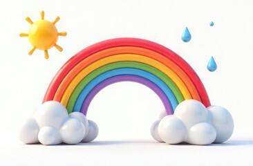 3D rainbow on white background with clouds and sun. cute illustration