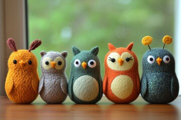 Obraz premium Five colorful, knitted animal toys are standing in a row on a wooden surface, creating a cheerful and playful scene