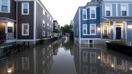 Fototapeta premium A Clipper's house is submerged in water after a flood, surrounded by American townhouses reflecting on the lake's surface