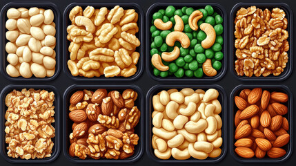 vibrant collection of assorted shelled nuts and green peas in black containers, showcasing variety of textures and colors, perfect for snacking or culinary use