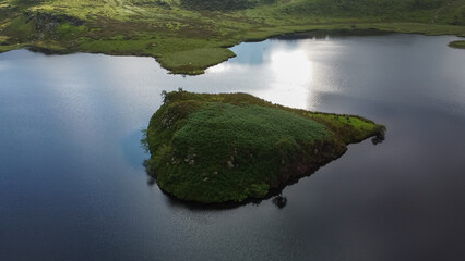 Aerial view of the floating island on Llyn y Dywarchen