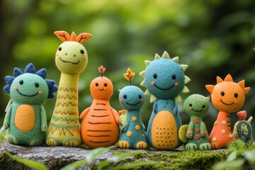 Seven colorful, friendly needle felted dinosaur toys are smiling and standing on a mossy rock in a natural setting