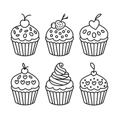 A Set Of Cute Sweet Cupcake With Cream With Coloring Page. Black And White Illustration For Kids Coloring Book.