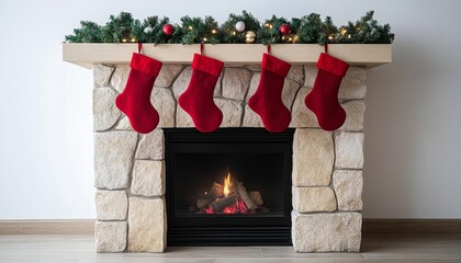 A cozy fireplace adorned with green garlands and festive red stockings, creating a warm holiday atmosphere.