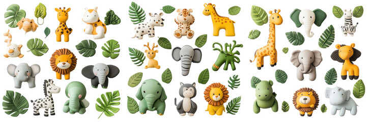 Naklejka premium Adorable Jungle Animals Tropical Leaves Cute Cartoon Safari Wildlife Collection