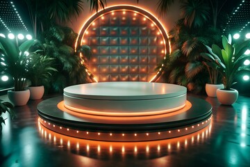  Circular podium surrounded by lush greenery, soft orange neon lighting, and a stylish reflective floor. Ideal for eco-tech events, tropical-inspired showcases, or futuristic backdrops.