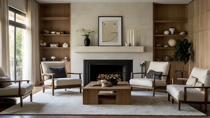 modern living room decor, minimalist living room, cozy living room ideas, neutral color palette, abstract wall art, contemporary interior design, sectional sofa, textured area rug, round coffee table,