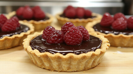 Delicious chocolate tart topped with fresh raspberries, perfect for dessert lovers. rich, creamy filling and buttery crust create delightful treat