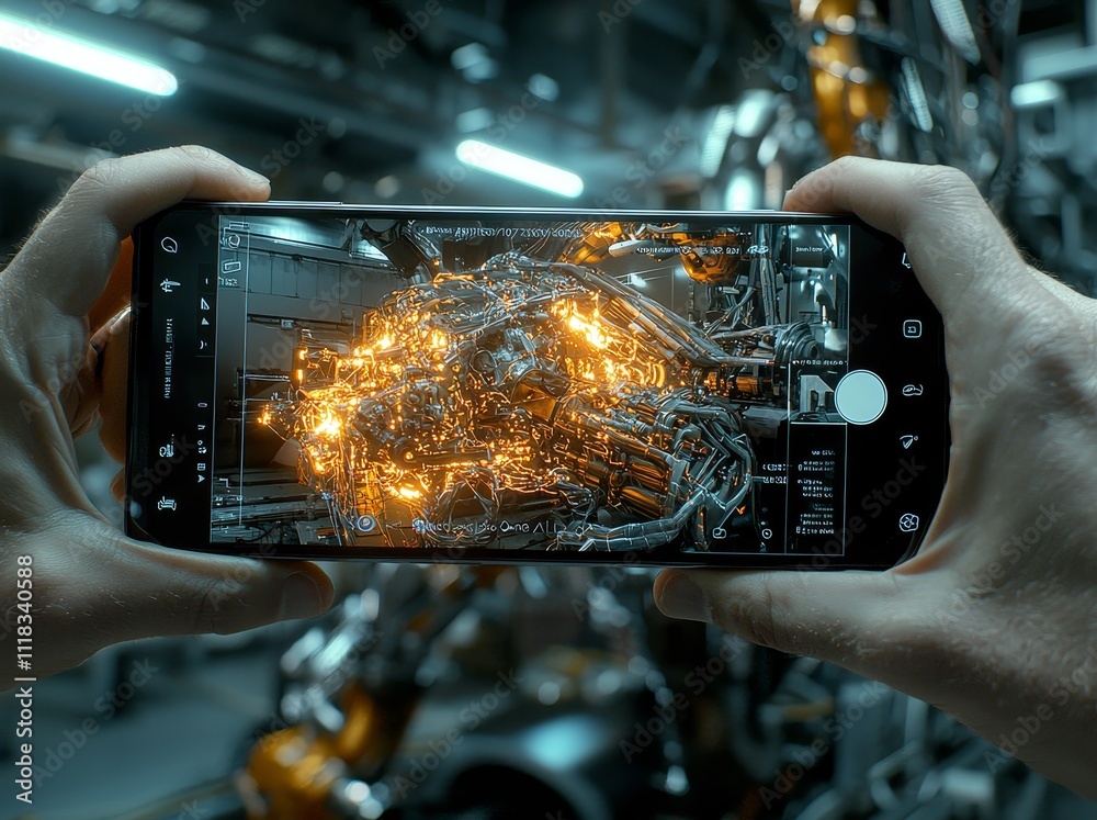 Poster A businessman controls the production of factory parts and mechanical arms in the engine manufacturing industry using a touch screen to manage robots.