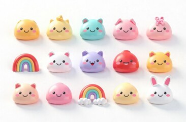Cute kawaii icons, on white background 3d