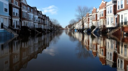 Fototapeta premium A Clipper's house is submerged in water after a flood, surrounded by American townhouses reflecting on the lake's surface