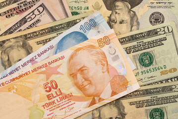 Images of banknotes of various countries. Turkish lira and US dollar photos.